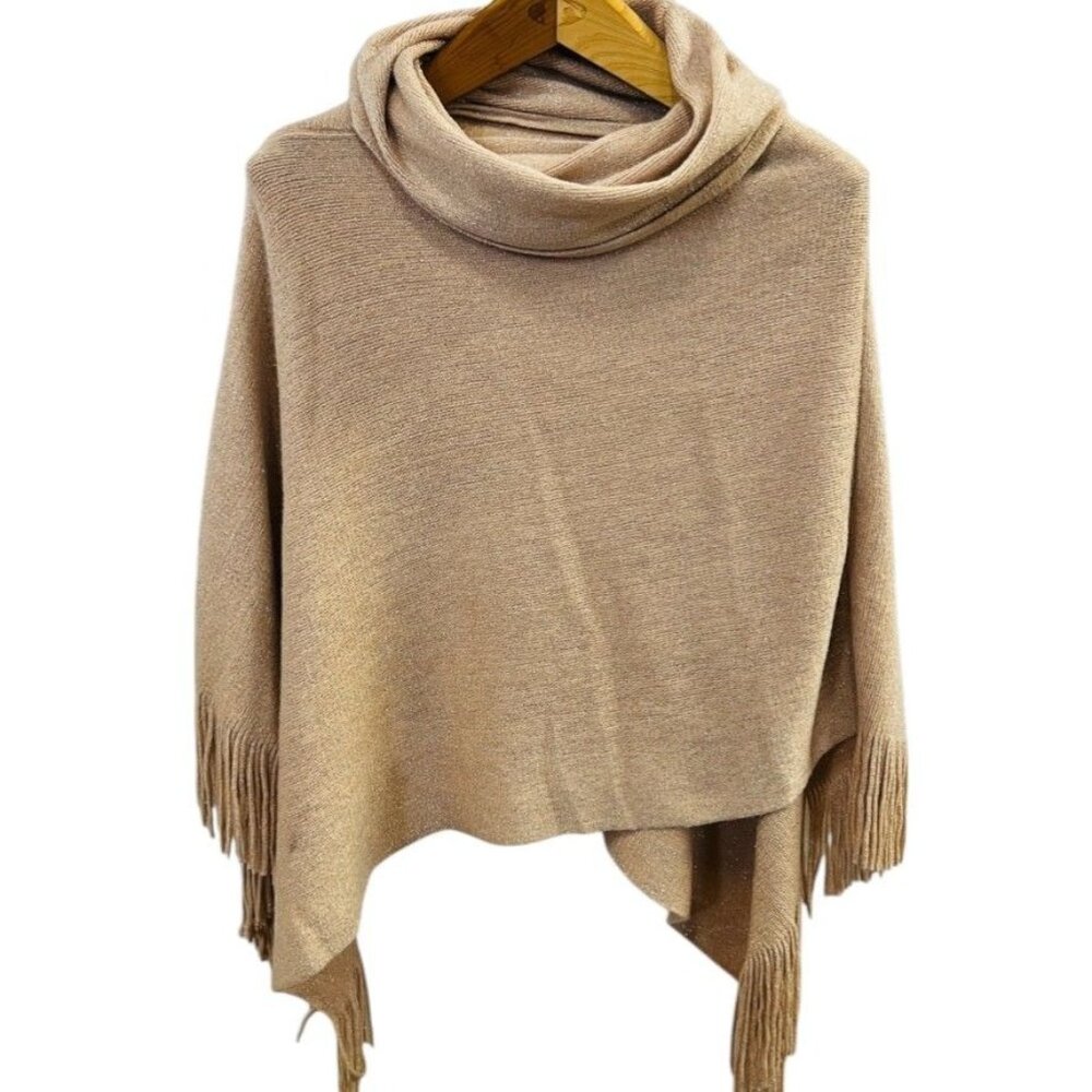 Beige sparkling poncho, one size, cowlneck , fringe